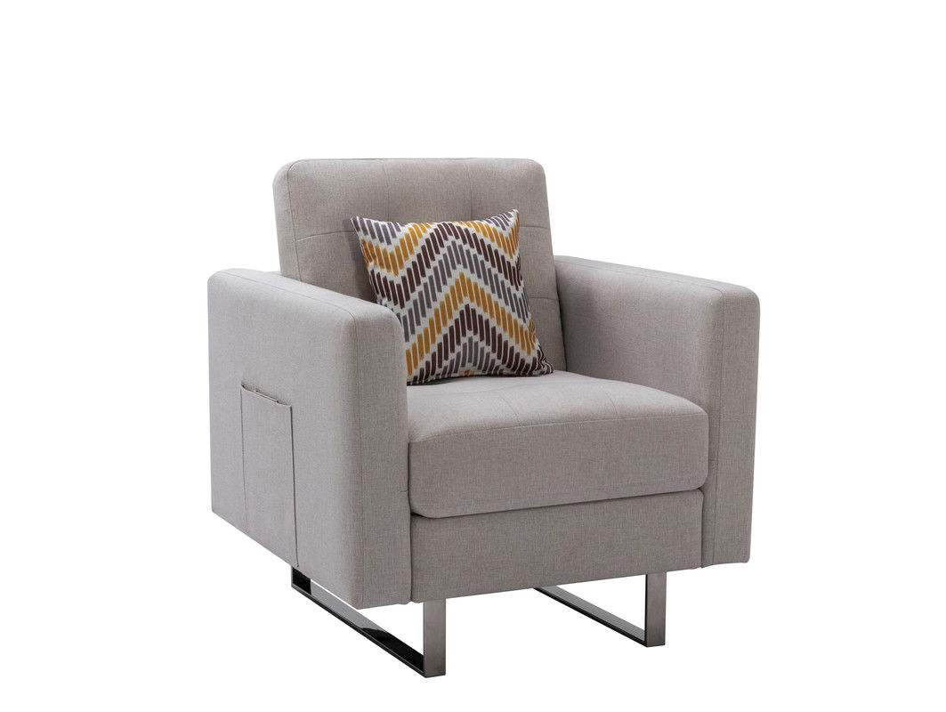 Victoria - Linen Fabric Armchair With Metal Legs, Side Pockets, And Pillow - Beige