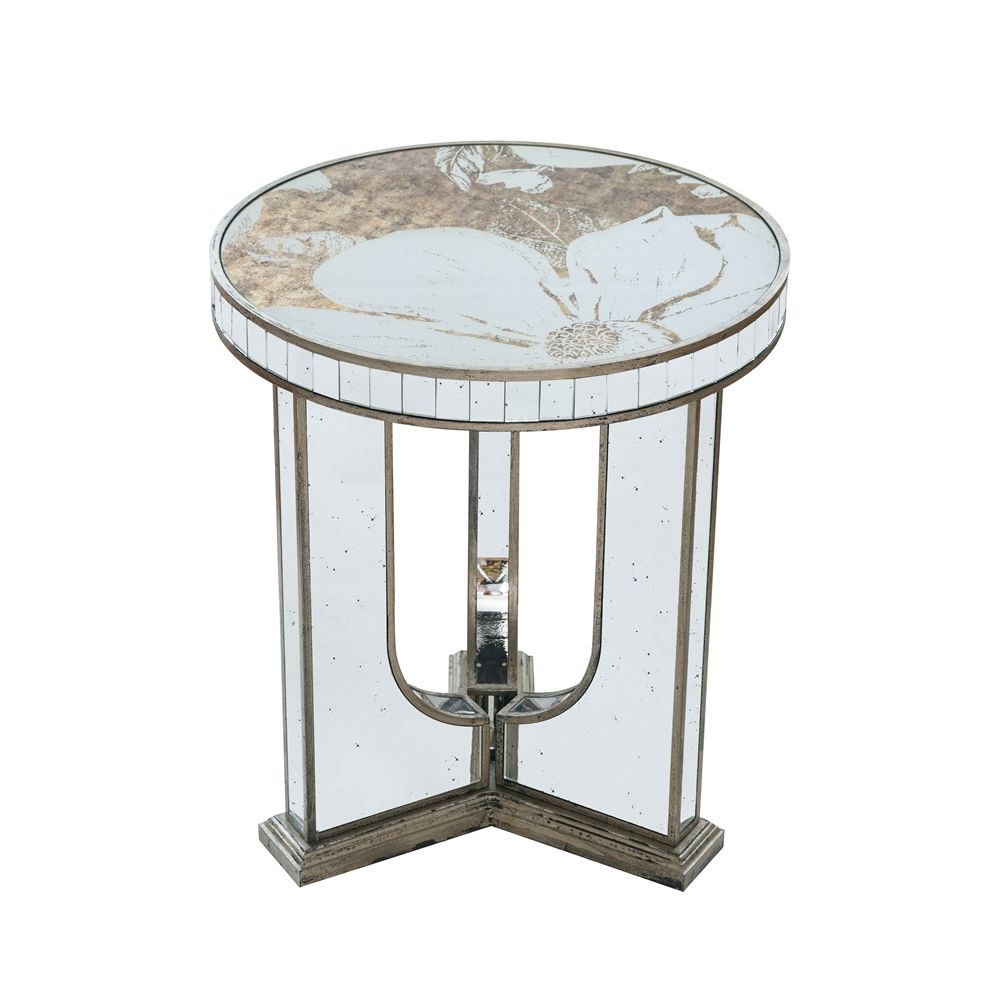 Round Side Table With Elegant Foral Design And Mirrored - Silver Multi