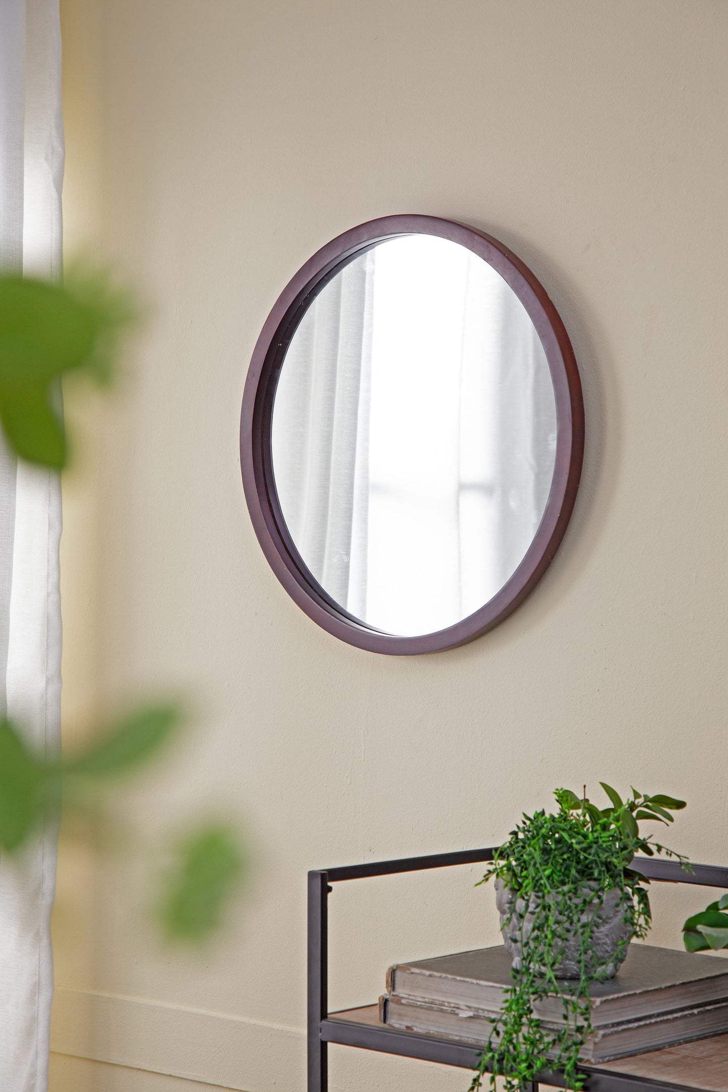 Circle Wall Mirror With Wooden Frame And Walnut Finish, Wall Mirror For Living Room Dining Room - Brown