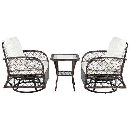 3 Piece Outdoor Chair & Table Set Chat Set 2 Person Rattan Seating Group With 2 Swiveling And Rocking Chairs And A Square Table For Garden, Patio, Or Balcony - Brown