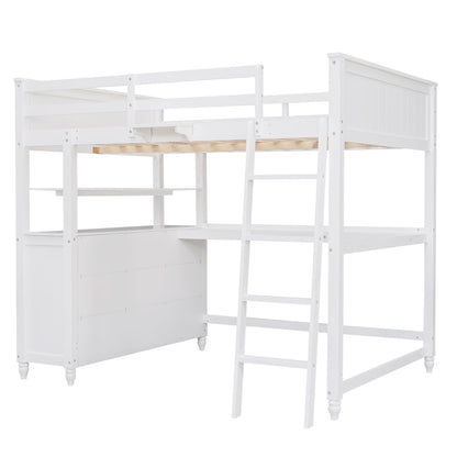 Full Size Loft Bed With Drawers And Desk With Shelves - White
