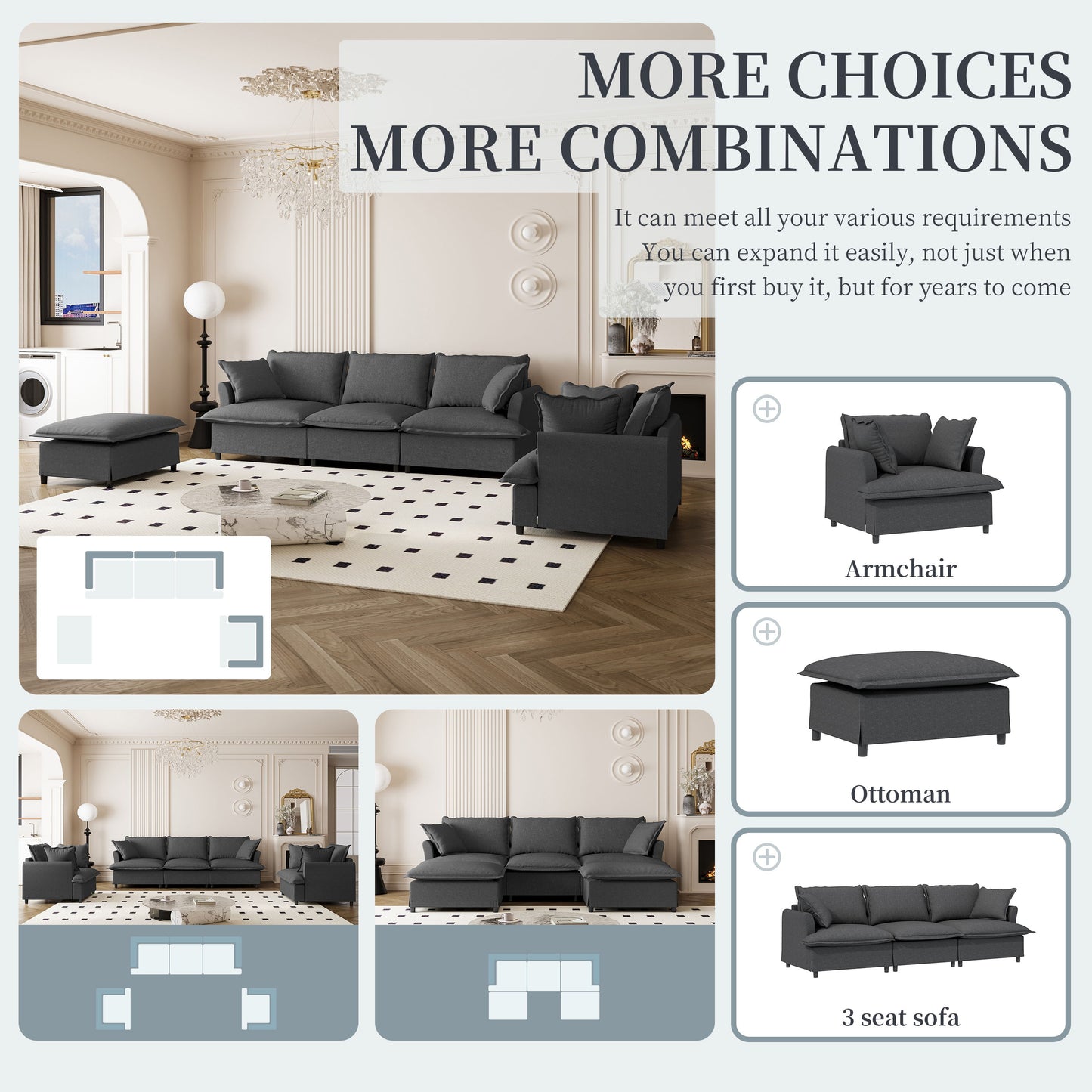 3 Piece Living Room Set Modular L Shaped Sectional Couch Upholstered, 3 Seater Sofa & Armchair & Movable Ottoman 5 Seat - Gray