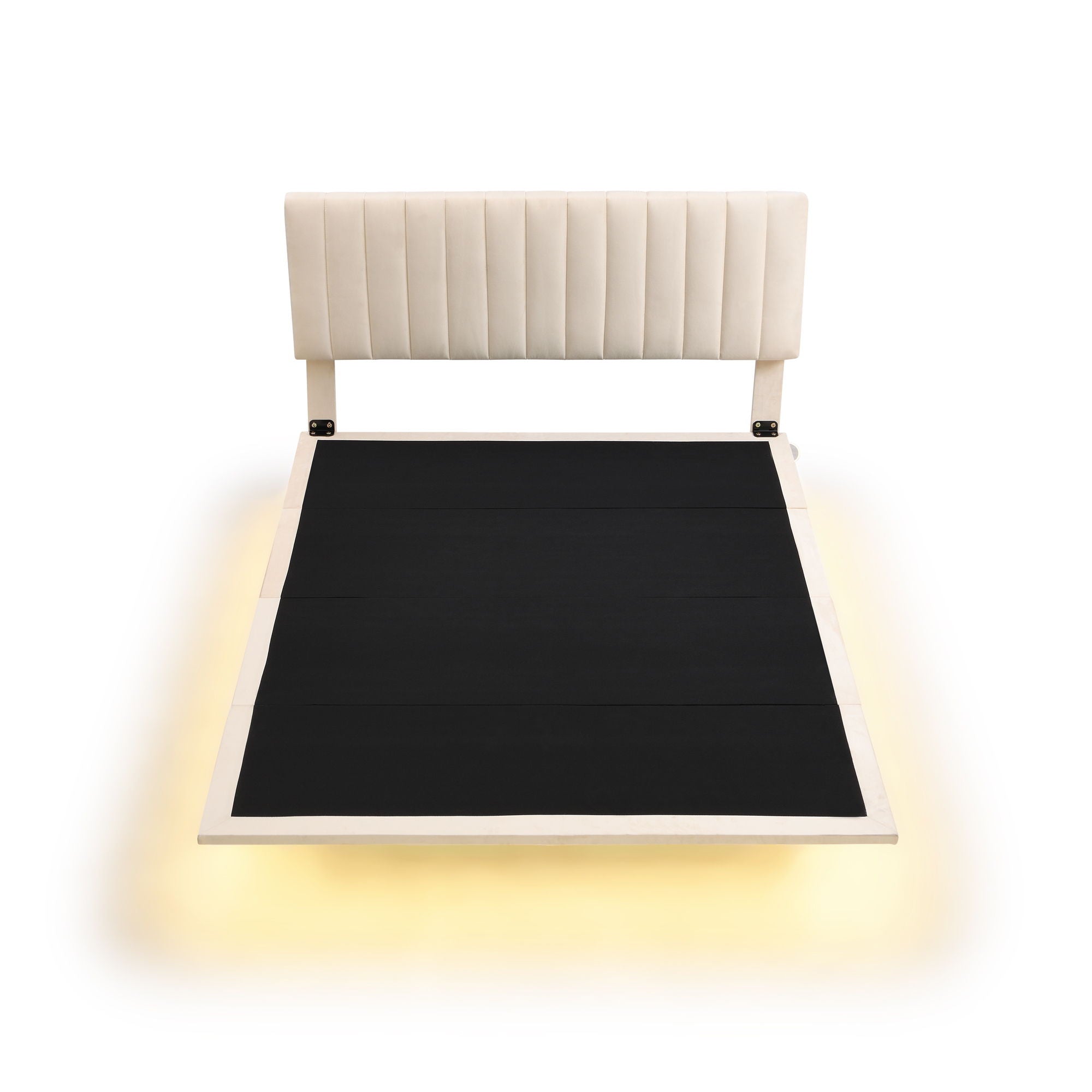 Queen Size Upholstered Bed With Sensor Light And Headboard, Floating Platform Bed - Beige