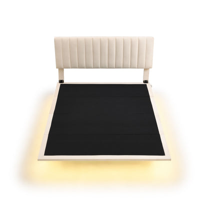 Queen Size Upholstered Bed With Sensor Light And Headboard, Floating Platform Bed - Beige