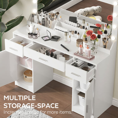 47.2" Vanity Desk With Large Mirror, 3 Colour Lighting Modes, Adjustable Brightness, Dresser With 3 Drawers & 2 Vertical Cabinets, Makeup Vanity Table For Women & Girls - White