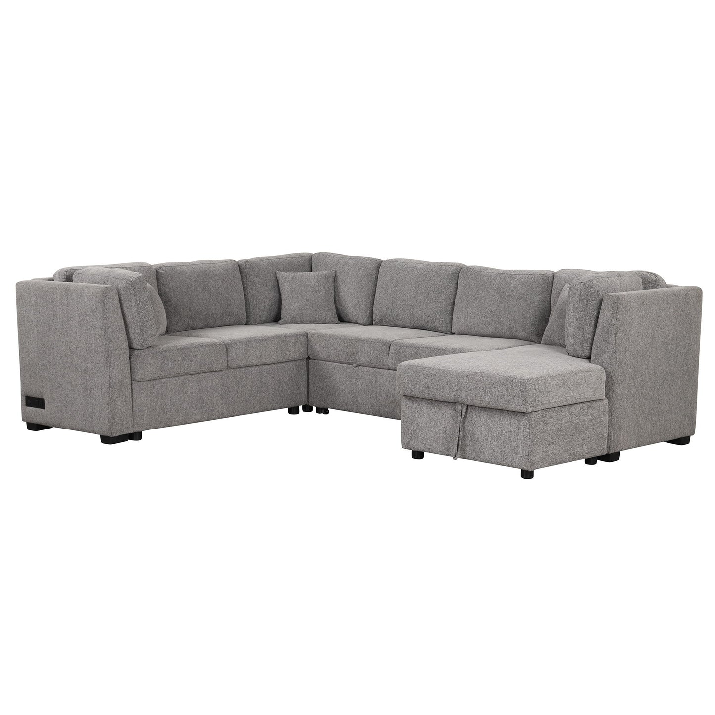 U-Shaped Sectional Sofa Pull Out Sofa Bed With Two USB Ports, Two Power Sockets, Three Back Pillows And A Storage Chaise For Living Room - Light Gray