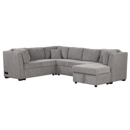 U-Shaped Sectional Sofa Pull Out Sofa Bed With Two USB Ports, Two Power Sockets, Three Back Pillows And A Storage Chaise For Living Room - Light Gray