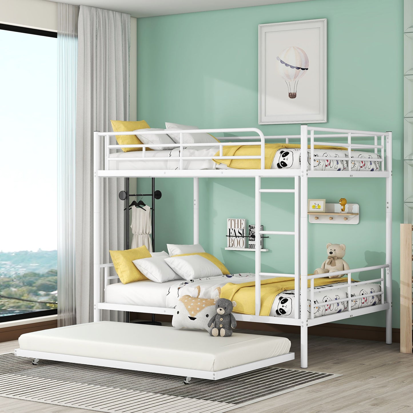 Full Over Full Metal Bunk Bed With Trundle - White
