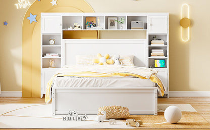 Queen Size Bed With All In One Cabinet, Shelf And Sockets, Twin Long Trundle - White