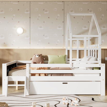 Full Size House Bed With Ladder And Storage Drawers Platform With Blackboard, No Box Spring - White