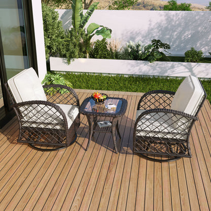 3 Piece Outdoor Chair & Table Set Chat Set 2 Person Rattan Seating Group With 2 Swiveling And Rocking Chairs And A Square Table For Garden, Patio, Or Balcony - Brown