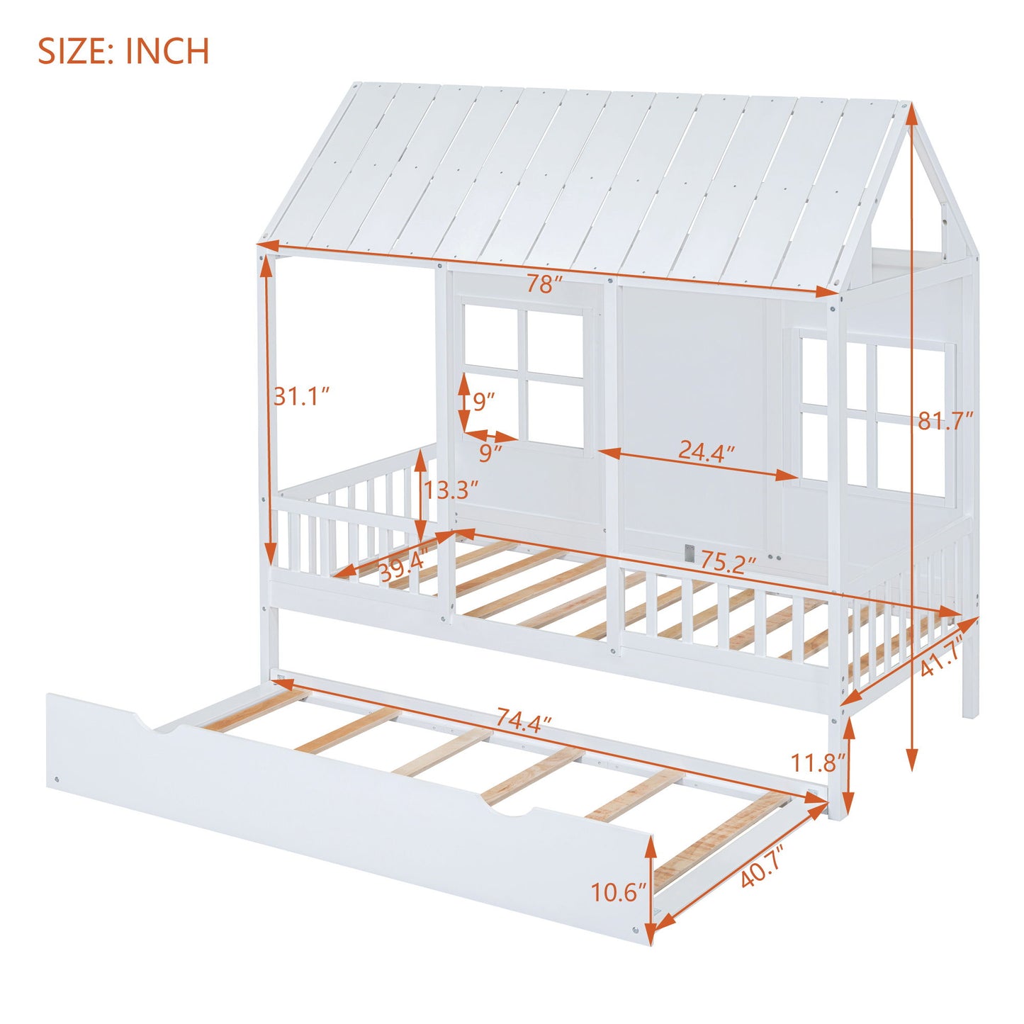 Twin Size House Bed With Twin Size Trundle, Daybed - White