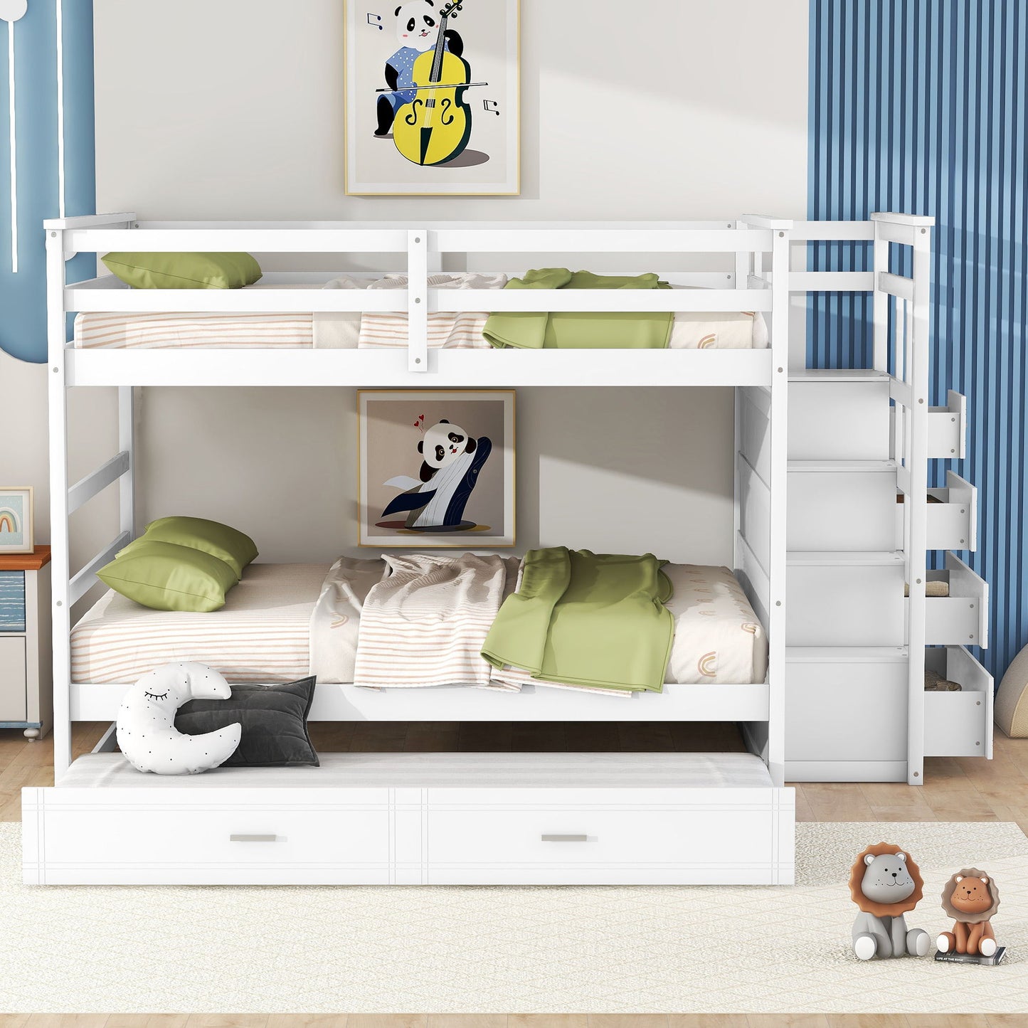 Full Over Full Bunk Bed With Twin Size Trundle And Staircase - White