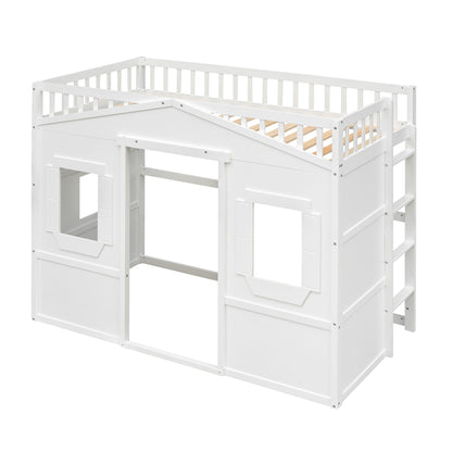 Twin Size House Loft Bed With Ladder - White