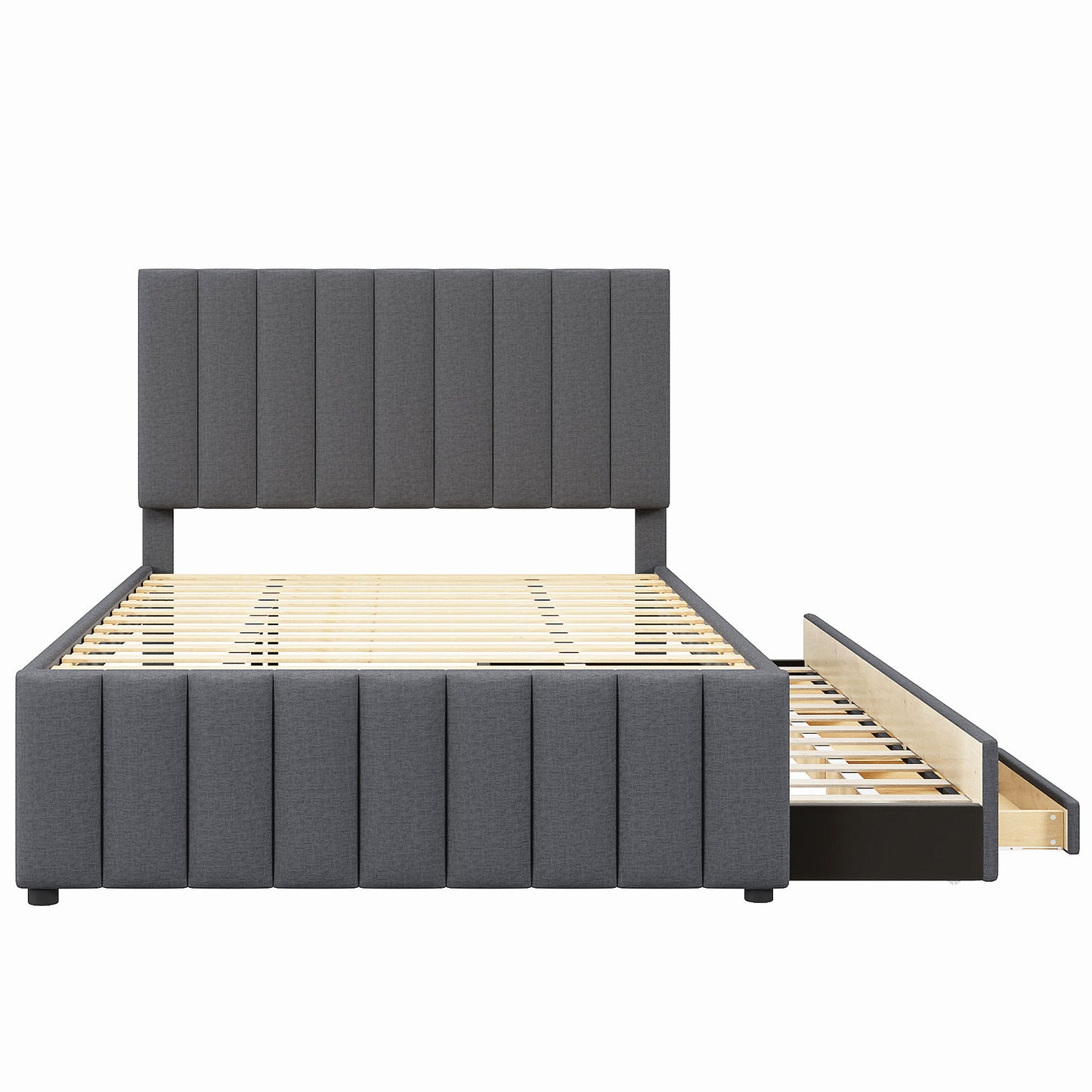 Full Size Upholstered Platform Bed With Twin Size Trundle And 3 Drawers - Gray