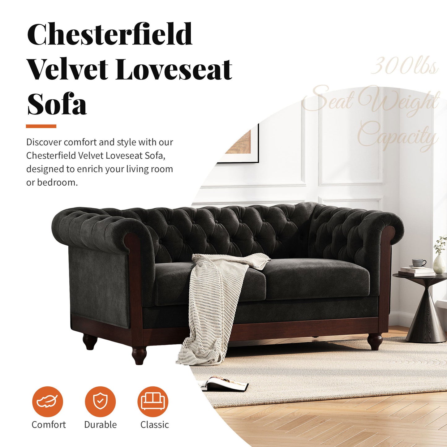 Chesterfield Velvet Loveseat Sofa, 2 Person Rolled Arm Upholstered Couch - Black