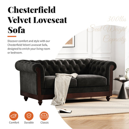Chesterfield Velvet Loveseat Sofa, 2 Person Rolled Arm Upholstered Couch - Black