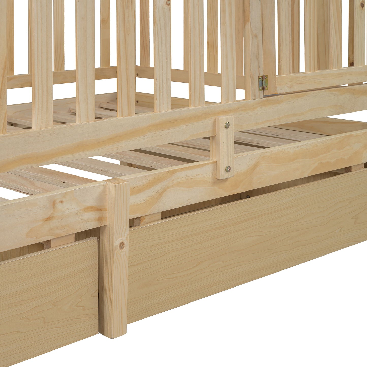 Twin Size Daybed With Fence Guardrails And 2 Drawers, Versatile Split Floor Bed & Daybed - Natural