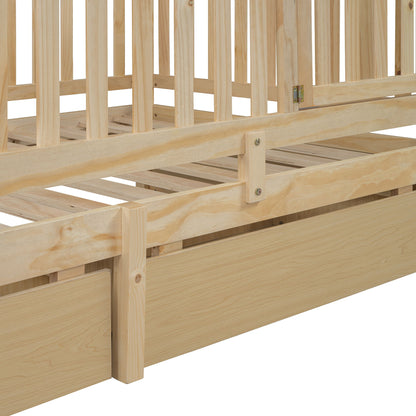 Twin Size Daybed With Fence Guardrails And 2 Drawers, Versatile Split Floor Bed & Daybed - Natural