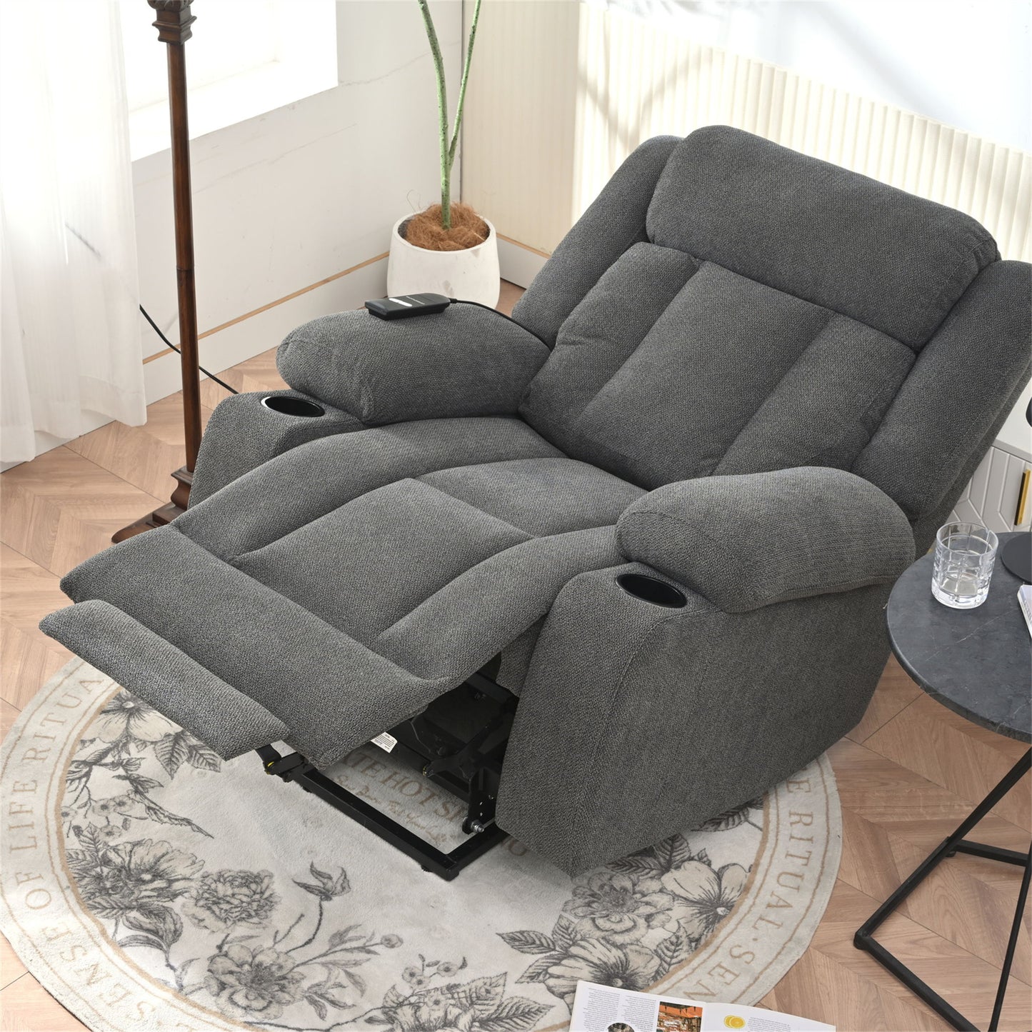 Power Lift Recliner Chair - Fabric Single Sofa With Extended Footrest, Remote Control, Cup Holders, And Side Pockets For Living Room Or Home Theater - Dark Gray