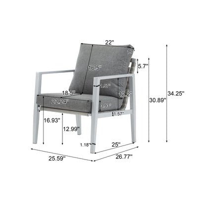 Aluminum Lounge Chair With Sleek Rope Accents, Comfortable Cushions, For Modern Indoor Outdoor Spaces - Gray / Silver / White