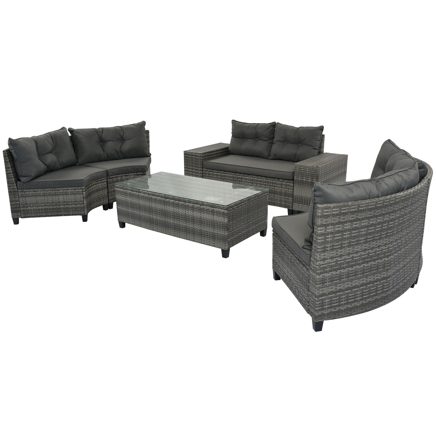 8 Pieces Outdoor Wicker Round Sofa Set, Half-Moon Sectional Sets All Weather, Curved Sofa Set With Rectangular Coffee Table, PE Rattan Water-Resistant And UV Protected, Movable Cushion - Gray