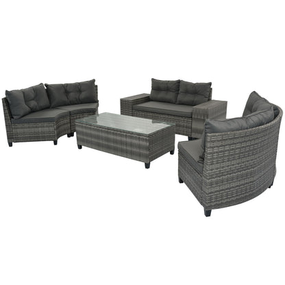 8 Pieces Outdoor Wicker Round Sofa Set, Half-Moon Sectional Sets All Weather, Curved Sofa Set With Rectangular Coffee Table, PE Rattan Water-Resistant And UV Protected, Movable Cushion - Gray