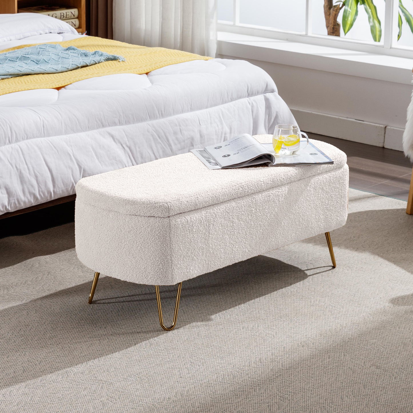 Storage Ottoman Bench For End Of Bed Gold Legs, Modern Ivory White Faux Fur Entryway Bench Upholstered Padded With Storage For Living Room Bedroom - Ivory