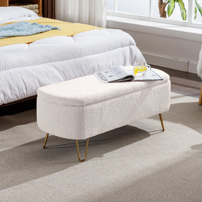 Storage Ottoman Bench For End Of Bed Gold Legs, Modern Ivory White Faux Fur Entryway Bench Upholstered Padded With Storage For Living Room Bedroom - Ivory