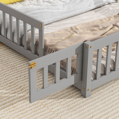 Full House-Shaped Headboard Floor Bed With Fence - Gray