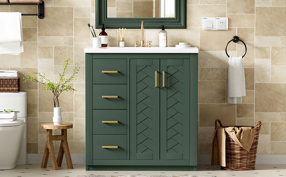 Bathroom Vanity With Ceramic Sink Combo, Frame Bathroom Storage Cabinet, Freestanding Vanity Set With 3 Drawers & Soft Closing Doors - Green