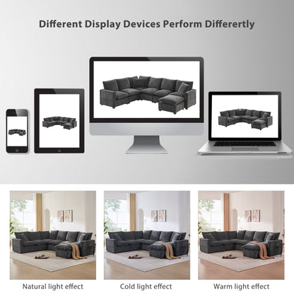 Modern U-Shape Modular Sofa, 7 Seat Chenille Sectional Couch Set With 2 Pillows Included, Freely Combinable Indoor Funiture - Black / Gray