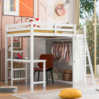 Full Size Loft Bed With Wardrobe And Desk And Shelves - White