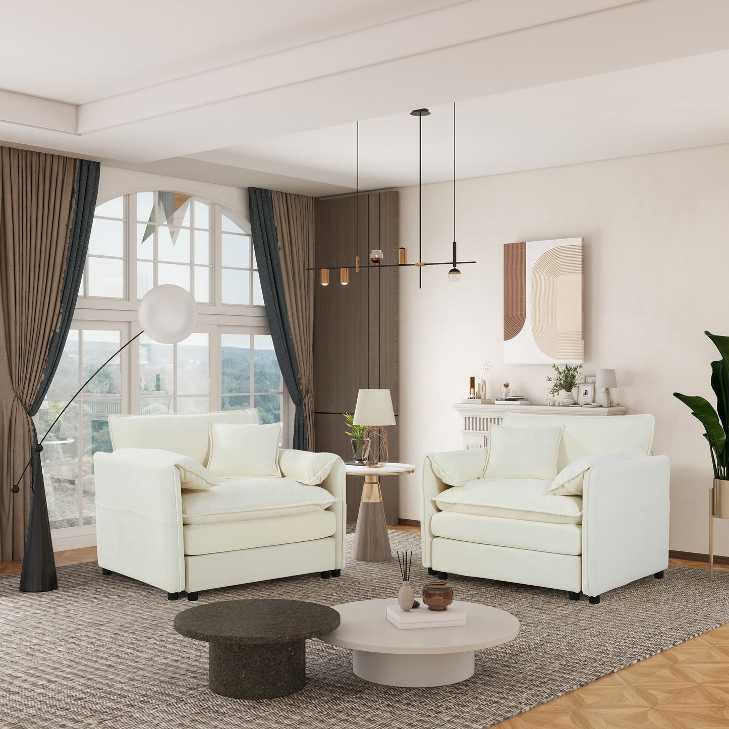 Modern Chenille Oversized Accent Chair (Set of 2), Comfy Single Sofa Chair With Large Seat - Beige