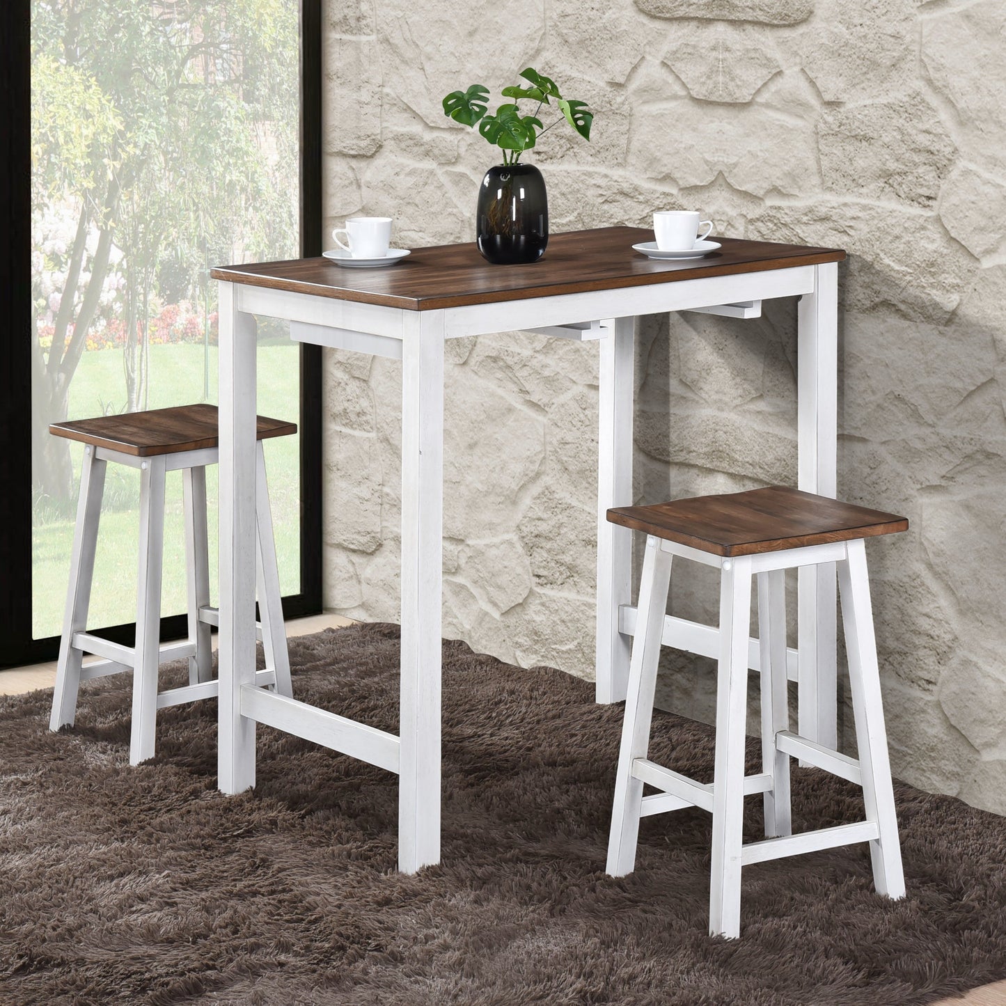 3 Pieces Counter Set Hanging Stool Easy To Clean For Small Space - Antique Dark Oak / Antique White