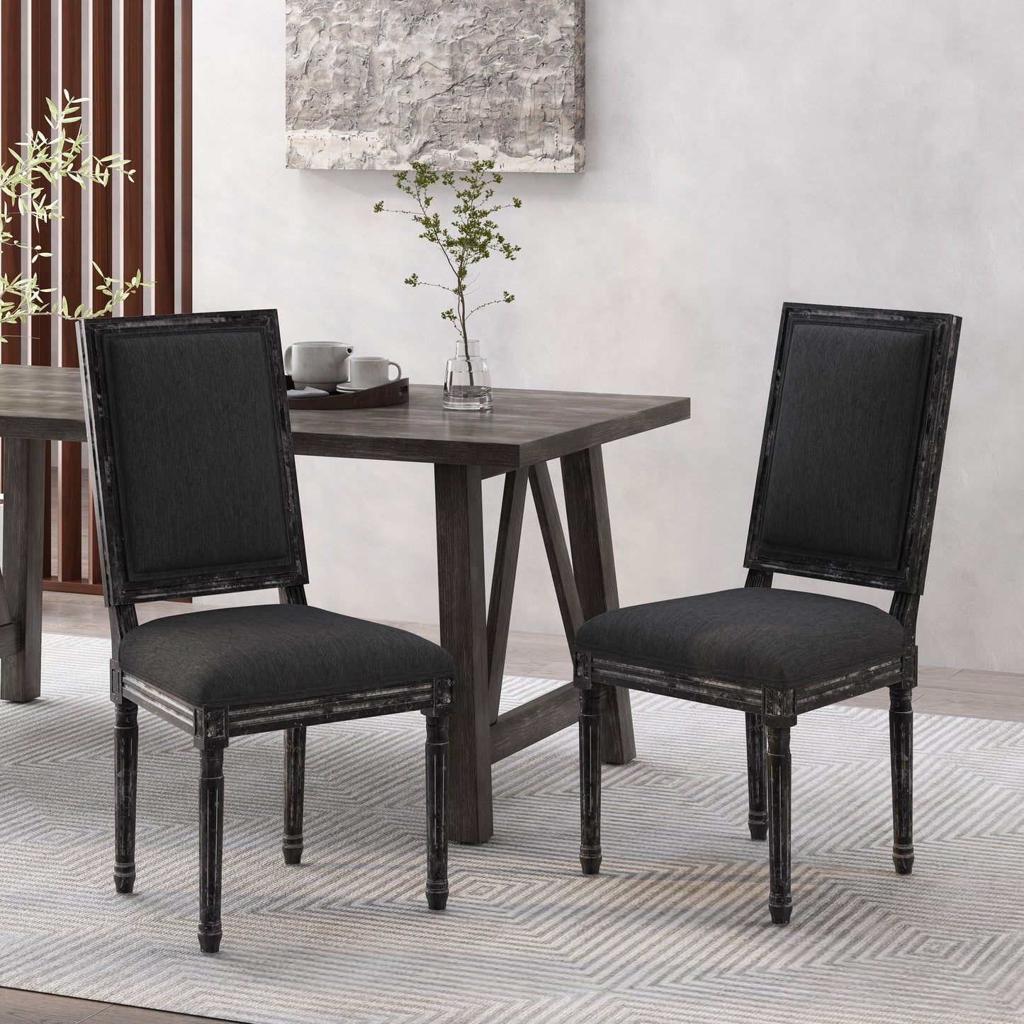 French Country Style Dining Chair Set With Upholstered Seating And Fluted Legs - Black