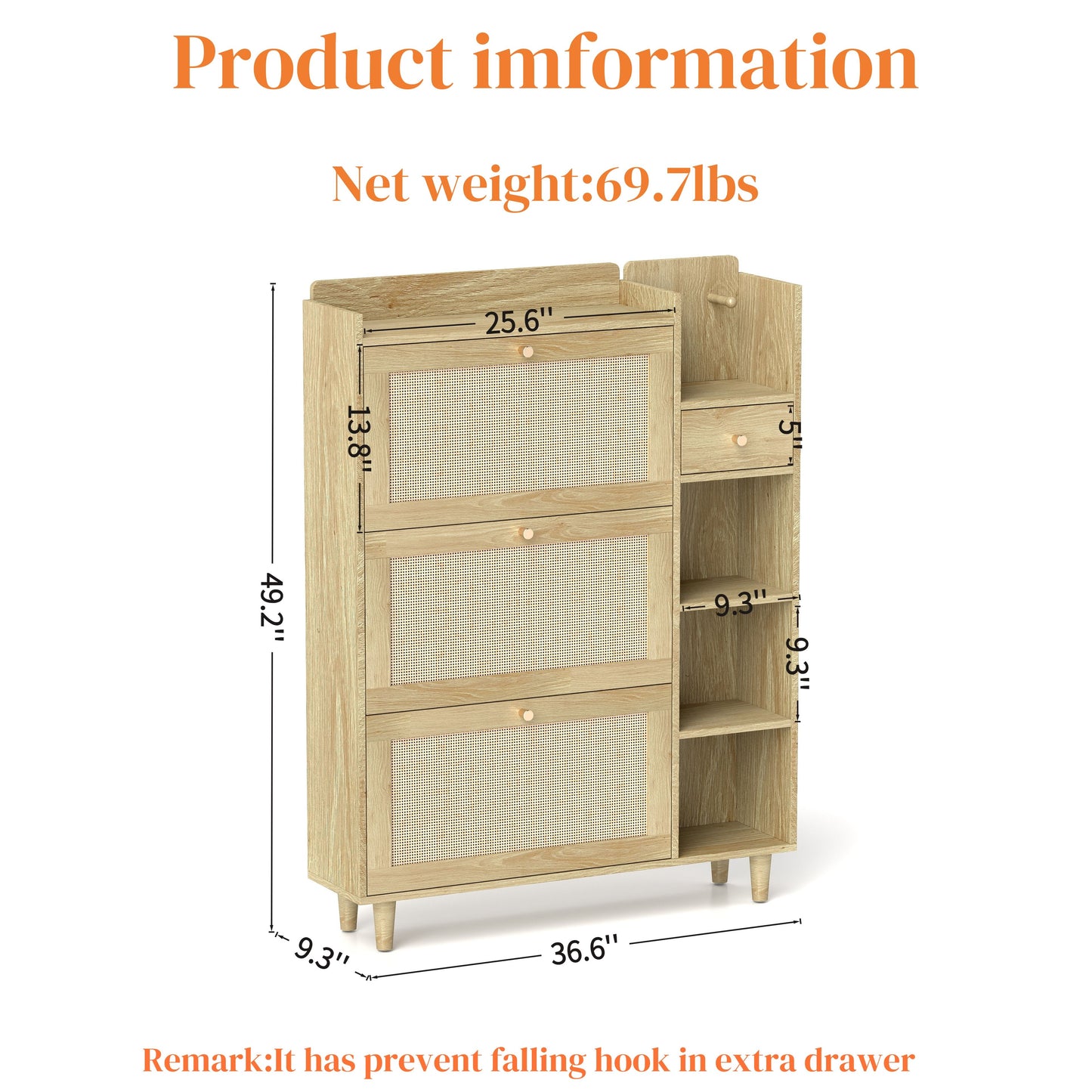 Natural Bohemia Style Shoe Cabinet, Shoe Rack Cabinet With 3 Rattan Flip Drawers, 3 Square Shelves And 1 Storage Drawer, Shoe Organizer With Mulit Storage Space And Hooks For Hallway, Entryway - Natural