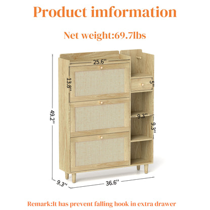 Natural Bohemia Style Shoe Cabinet, Shoe Rack Cabinet With 3 Rattan Flip Drawers, 3 Square Shelves And 1 Storage Drawer, Shoe Organizer With Mulit Storage Space And Hooks For Hallway, Entryway - Natural