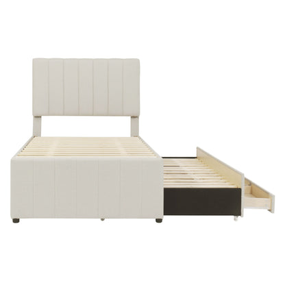 Twin Size Upholstered Platform Bed With Trundle And 3 Drawers - Beige