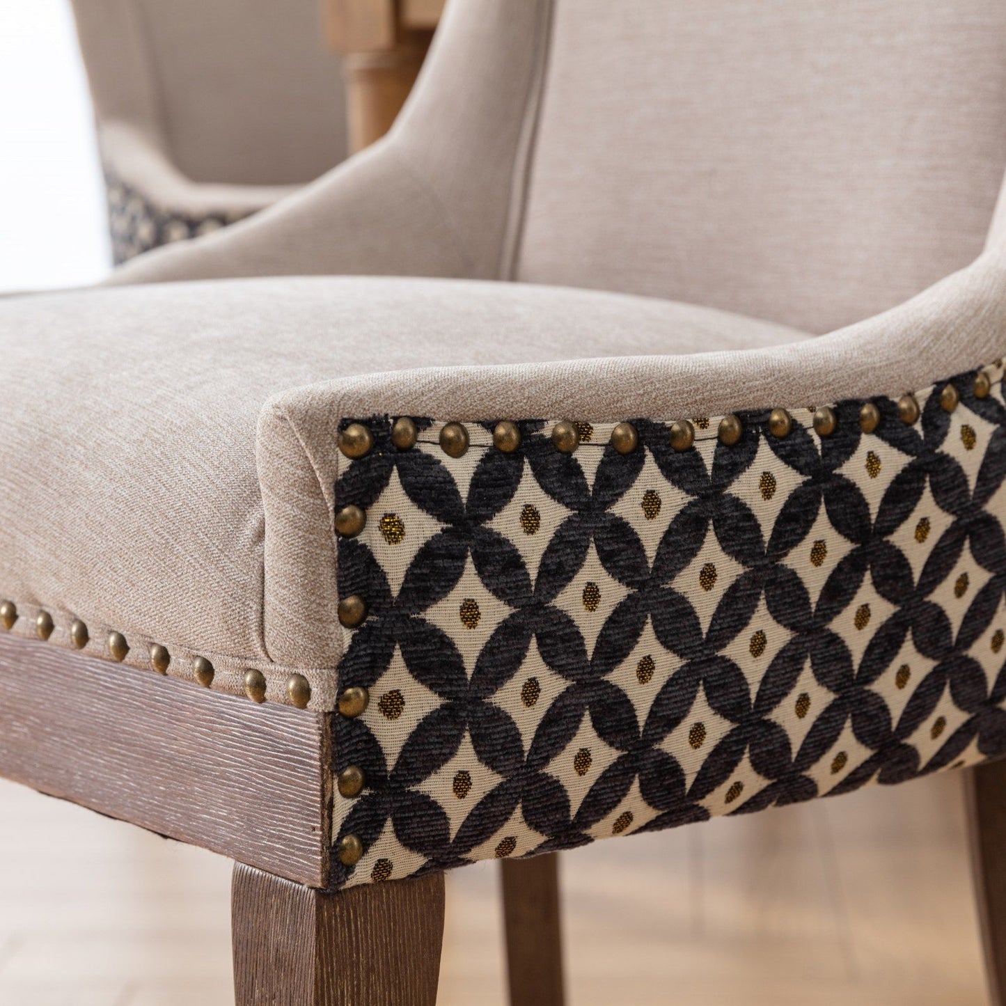 Ultra Side Dining Chair, Thickened Fabric Chairs With Neutrally Toned Solid Wood Legs, Bronze Nail Head, (Set of 2) - Beige / Patterned