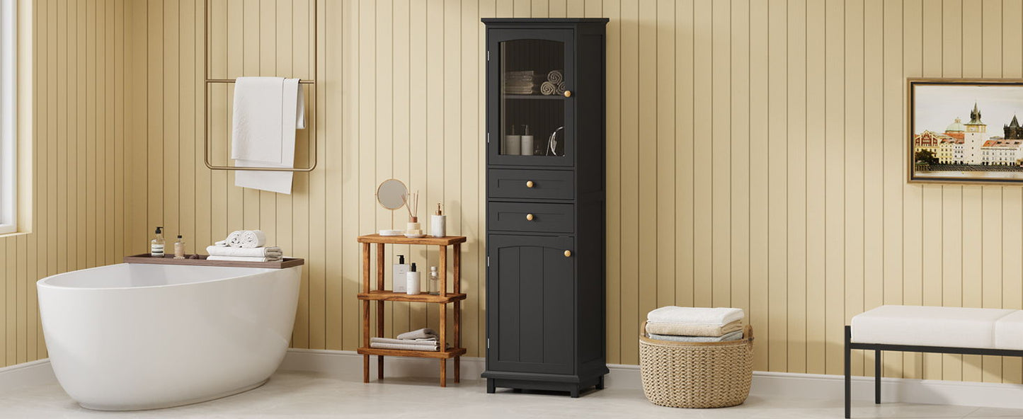 Tall Bathroom Storage Cabinet With Glass Doors, Free-Standing, Two Drawers, And Adjustable Shelves, MDF Board, Painted Perfect For Displaying Your Favorite Items - Black