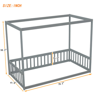 Twin Size Canopy Frame Floor Bed With Fence, Guardrails - Gray