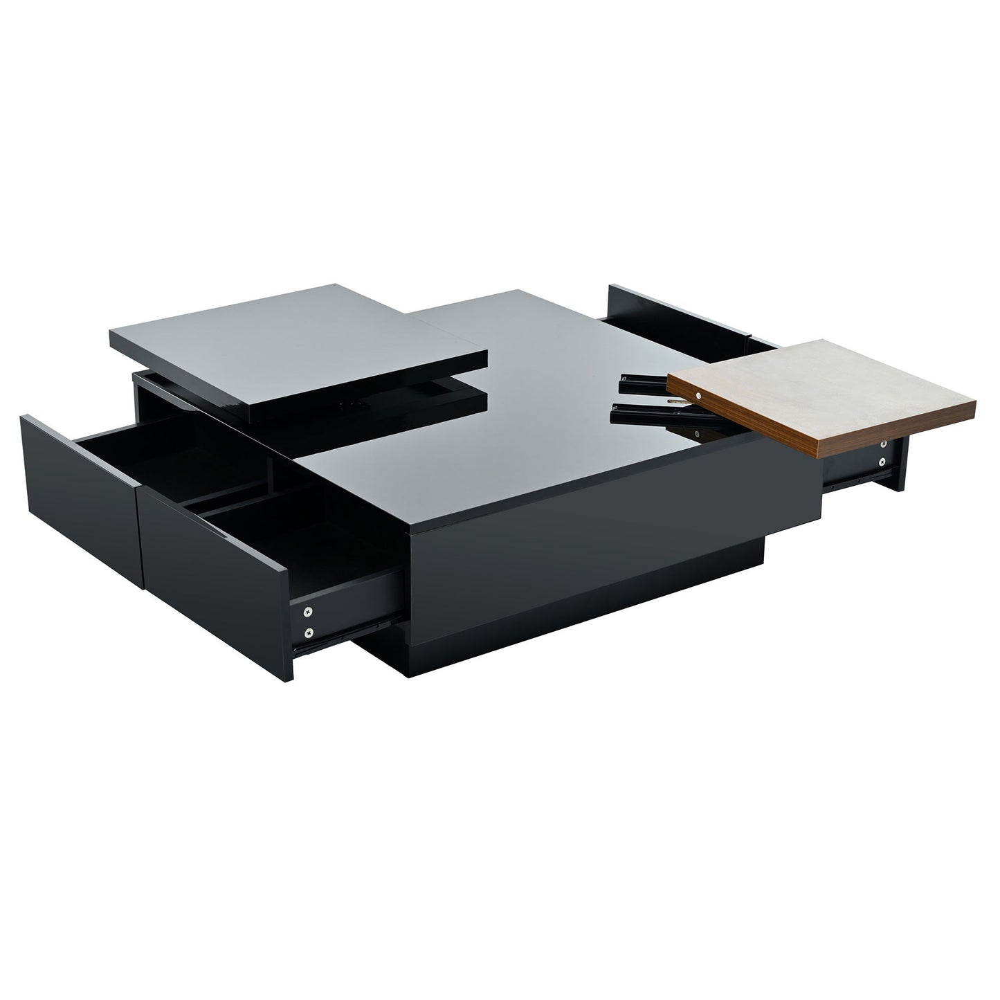 Movable Top Coffee Table, Modern Square Wood Coffee Table With High Gloss Finish, 4 Hidden Storage Drawers For Living Room - Black