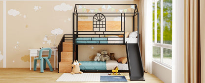 Twin Over Twin Bunk Bed, Housebed With Slide And Storage Stair - Black