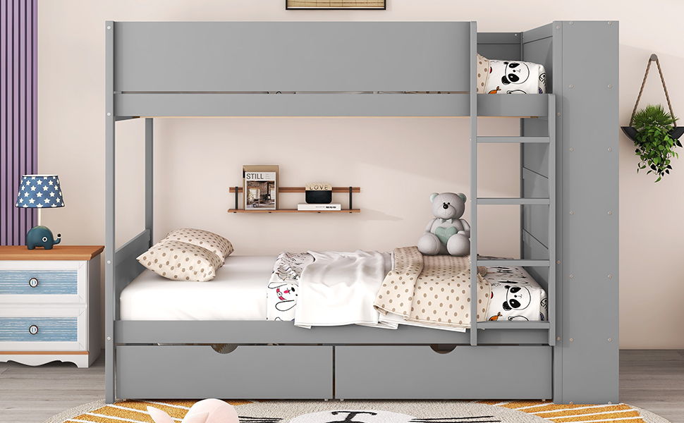 Full Over Full Bunk Bed With 2 Drawers And Multi-Layer Cabinet - Gray