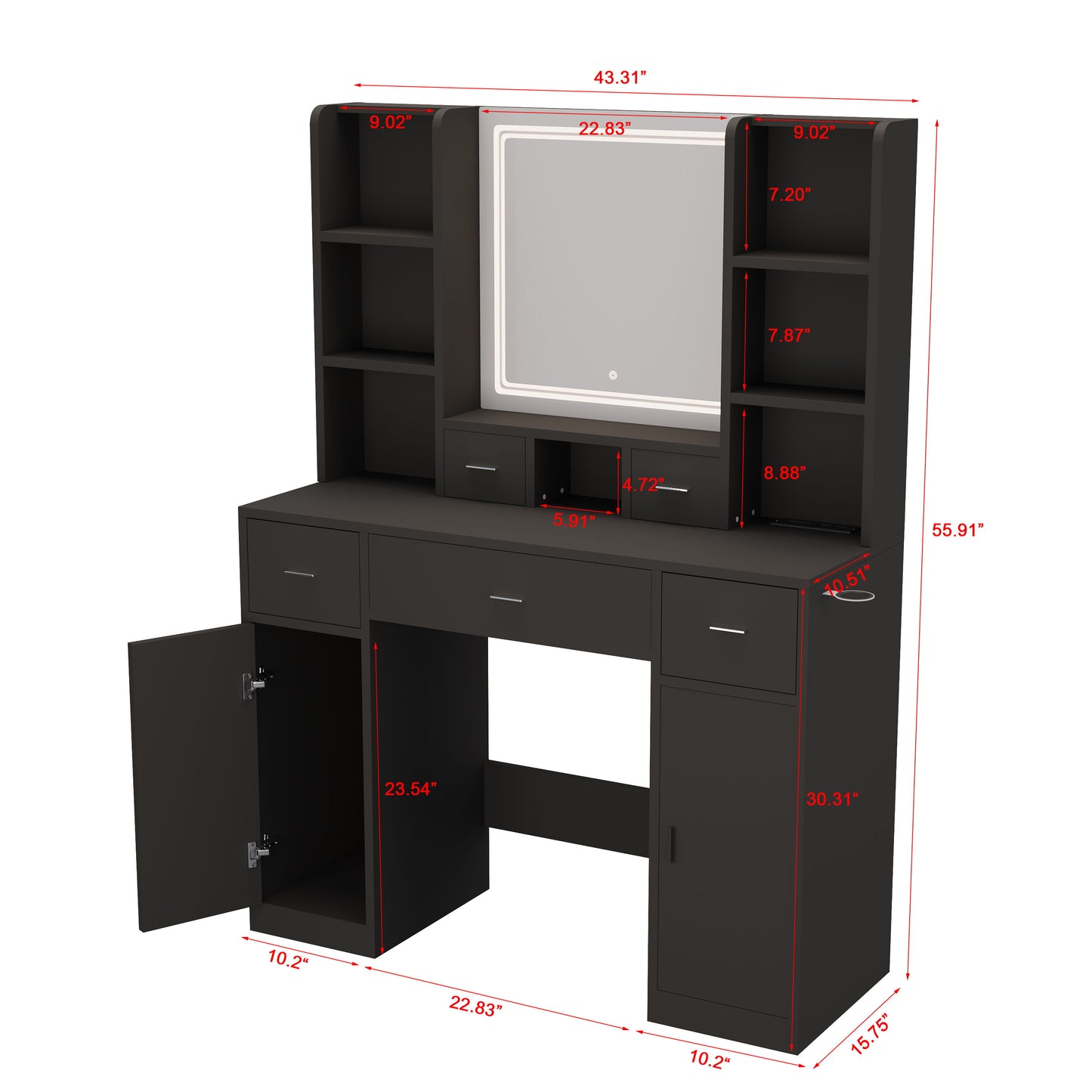 43.31" Newly Designed Smart Mirror Dressing Table With Drawers And Storage Cabinet, Dressing Table With Dressing Pad For Bedroom, Dressing Room - Black