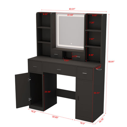 43.31" Newly Designed Smart Mirror Dressing Table With Drawers And Storage Cabinet, Dressing Table With Dressing Pad For Bedroom, Dressing Room - Black