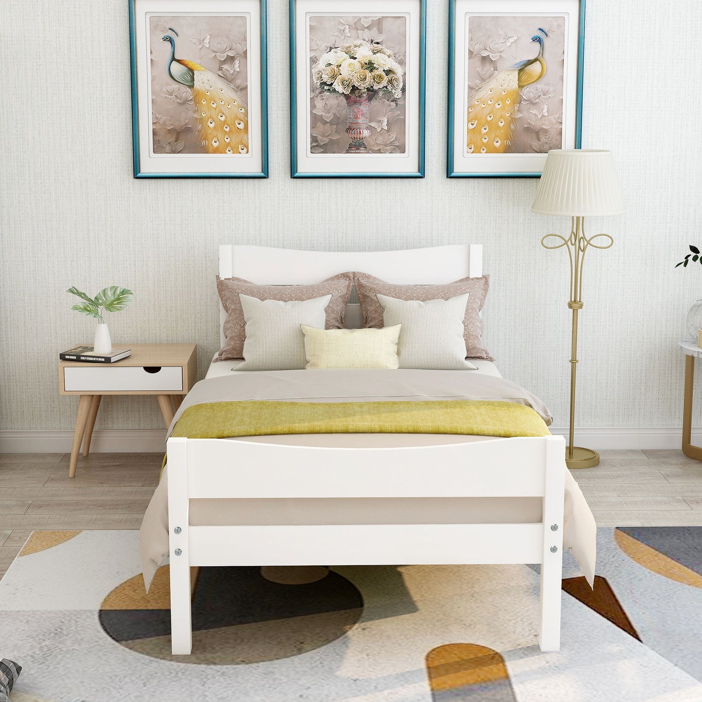 Twin Size Platform Bed With Headboard And Slat Support - White