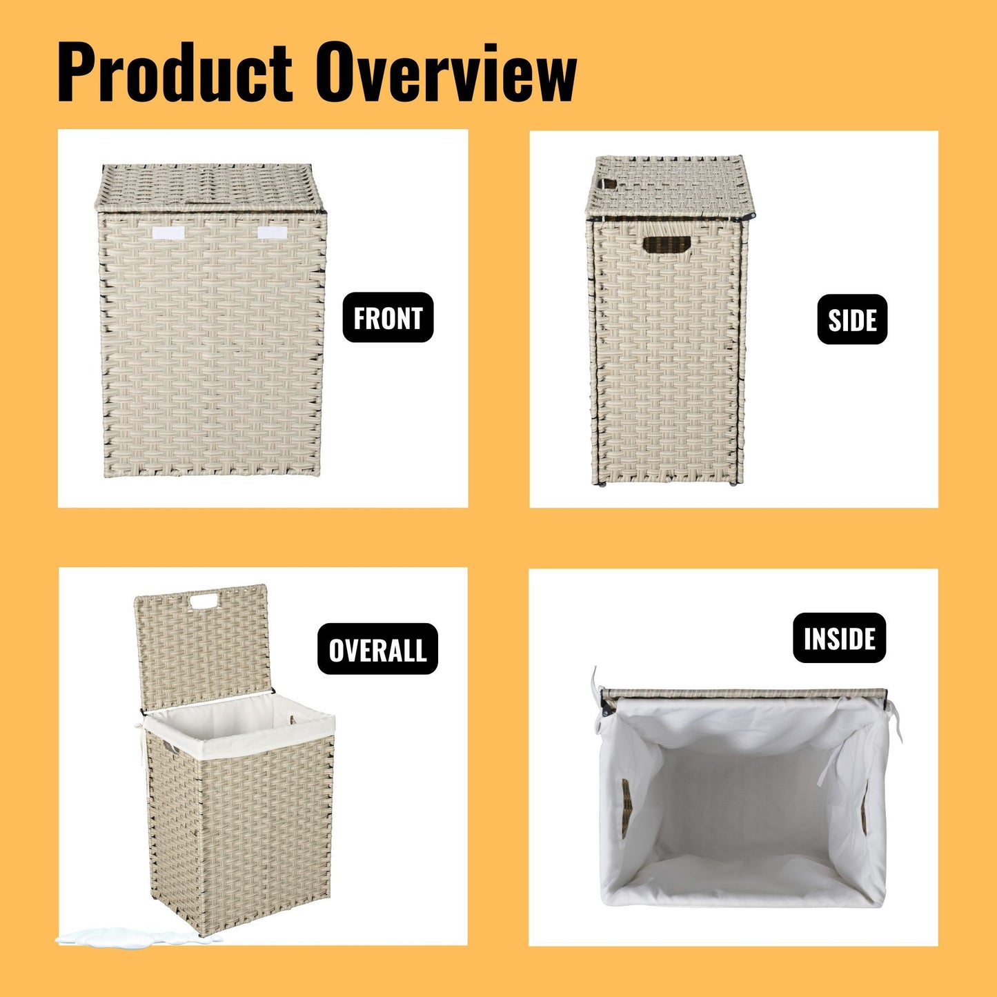 Laundry Hamper With Lid PE Rattan Powder Coating Frame Clothes Hampers With 2 Removable Bags, 100L - Gray