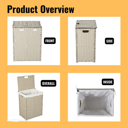 Laundry Hamper With Lid PE Rattan Powder Coating Frame Clothes Hampers With 2 Removable Bags, 100L - Gray